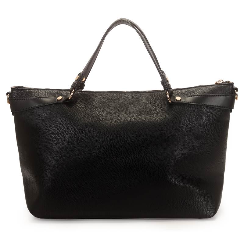 Bolsa tote feminina preta WJ confeccionada em material sintético com textura tipo couro, com alças fixas e detalhes metálicos dourados